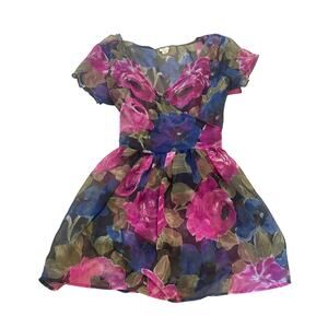 Floral Fit-and-Flare Mini Dress in Pink and Blue Tie Waist Short Sleeve SZ SMALL